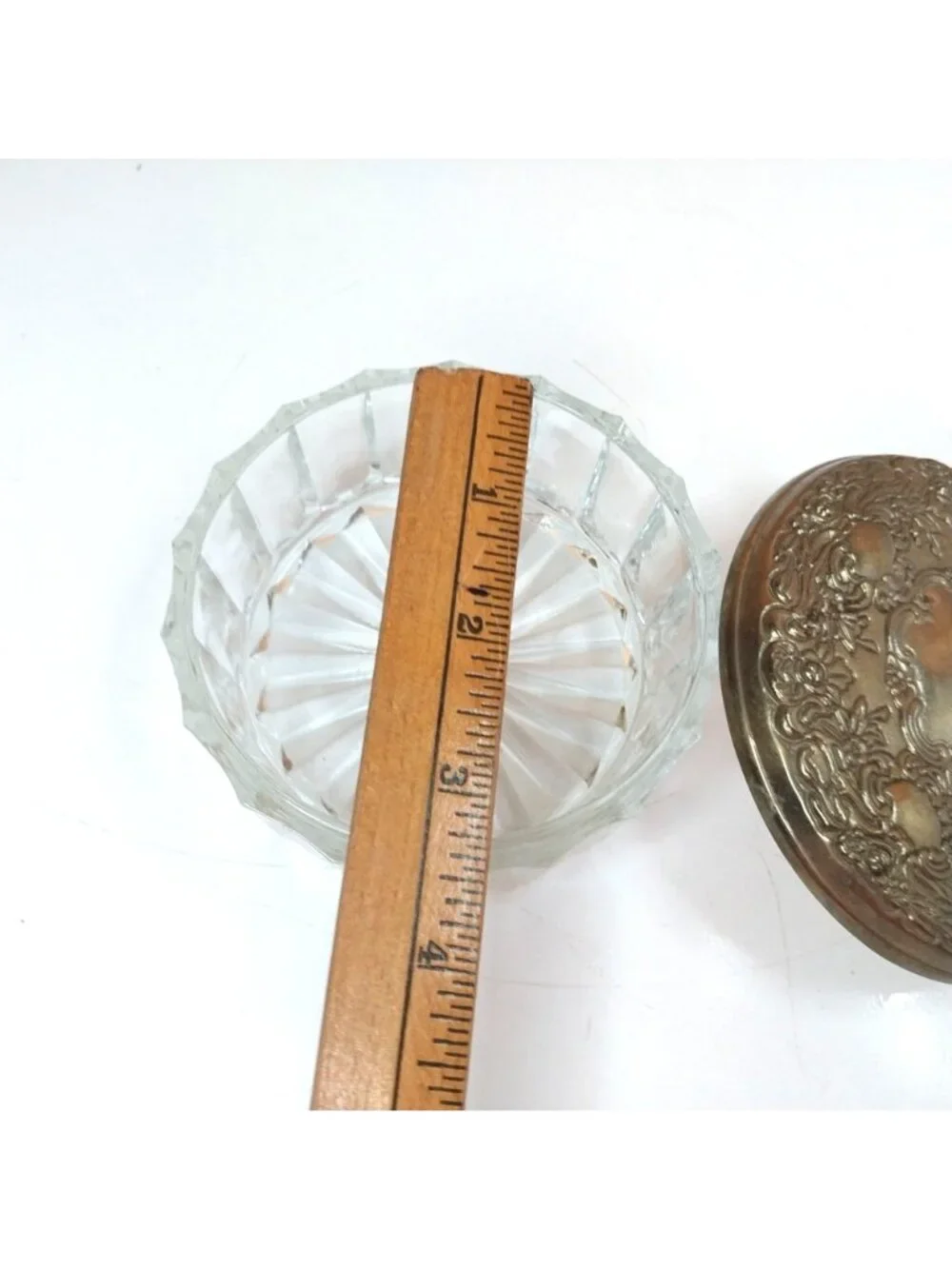 Vintage Glass Powder Jar With Ornate Brass Lid Trinket Box Vanity Storage